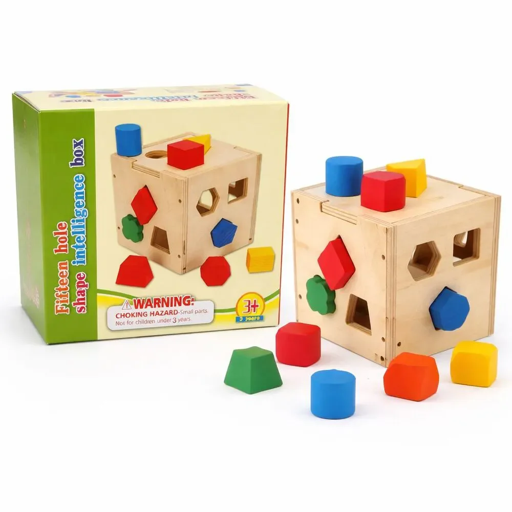 Wooden Shape Sorter Cube Toy – 15-Hole Intelligence Box – Montessori 3+